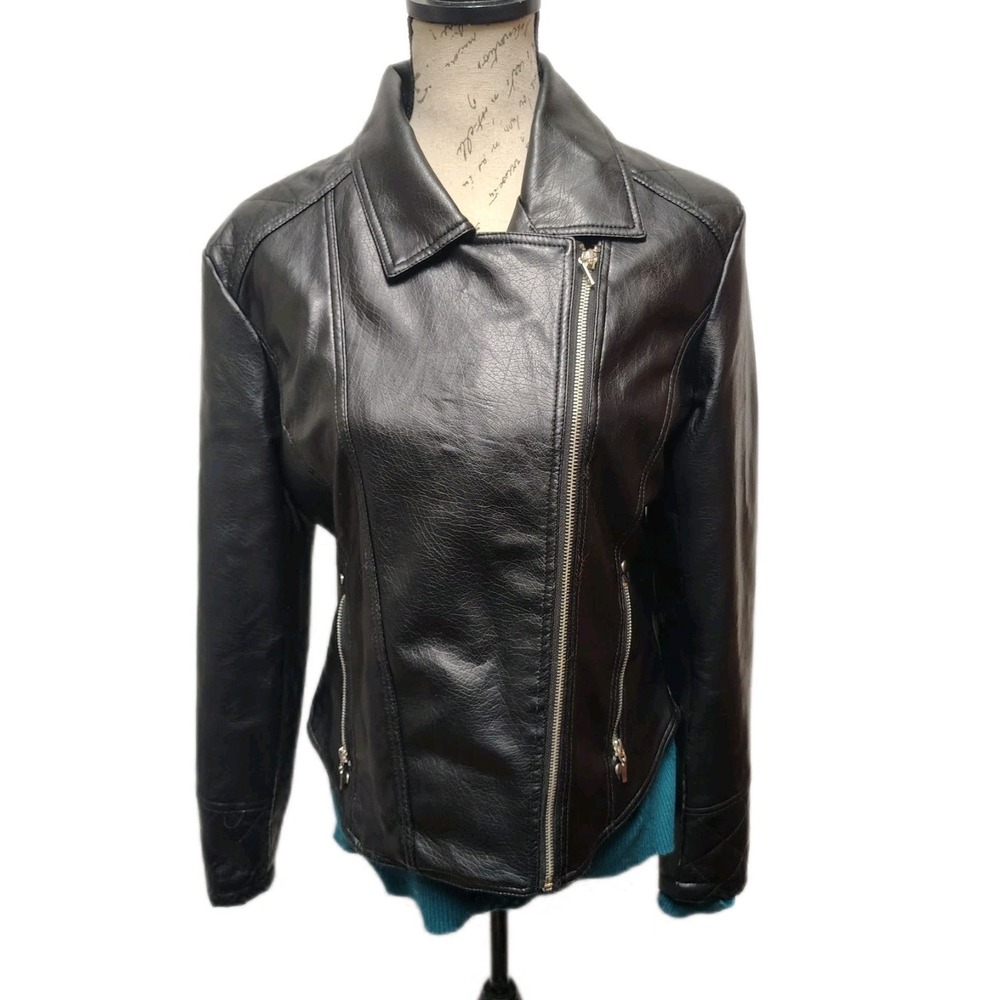 Rampage Womens Black Faux Leather Moto Jacket L Asymmetric Zip Edgy Grunge
